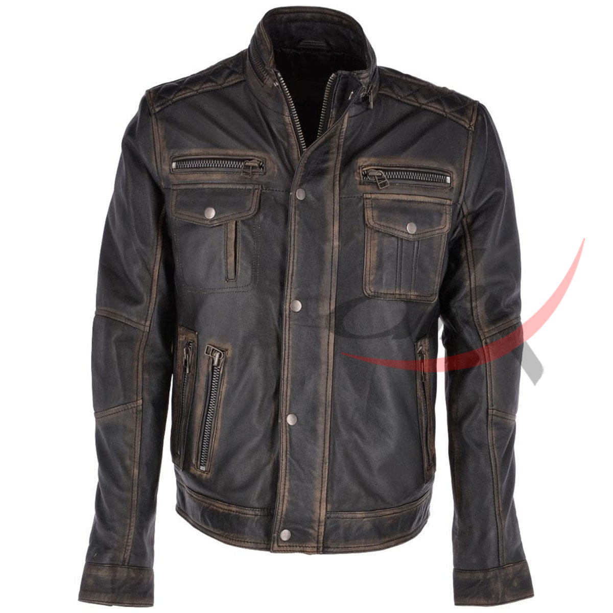Real Leather Seven Pocket Black Biker Jacket