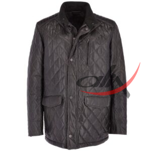 Diamond Quilted Leather Coat Black