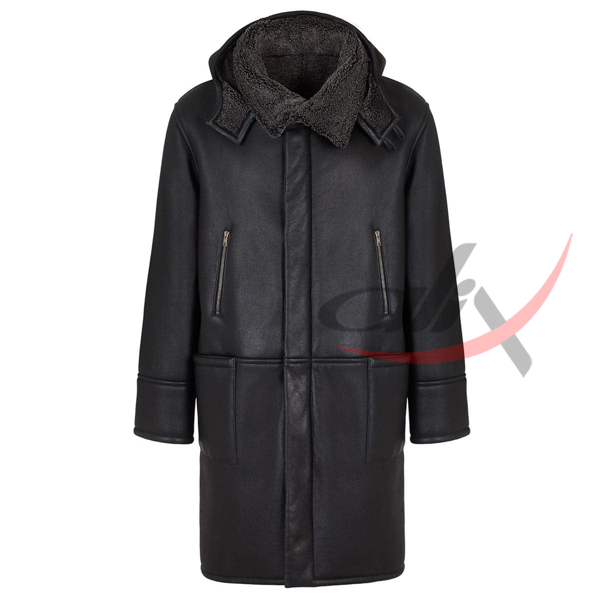 Real Leather Hooded Coat Long
