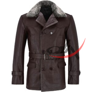 Real Leather Brown Peacoat Fur Collar