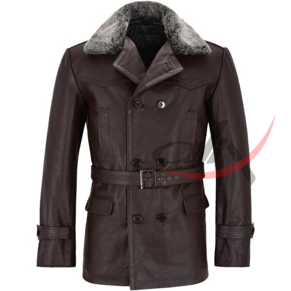 41 (1) Real Leather Brown Peacoat Fur Collar