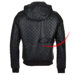 Black Real Leather Bomber Jacket Quilted Detachable Hooded - Image 2