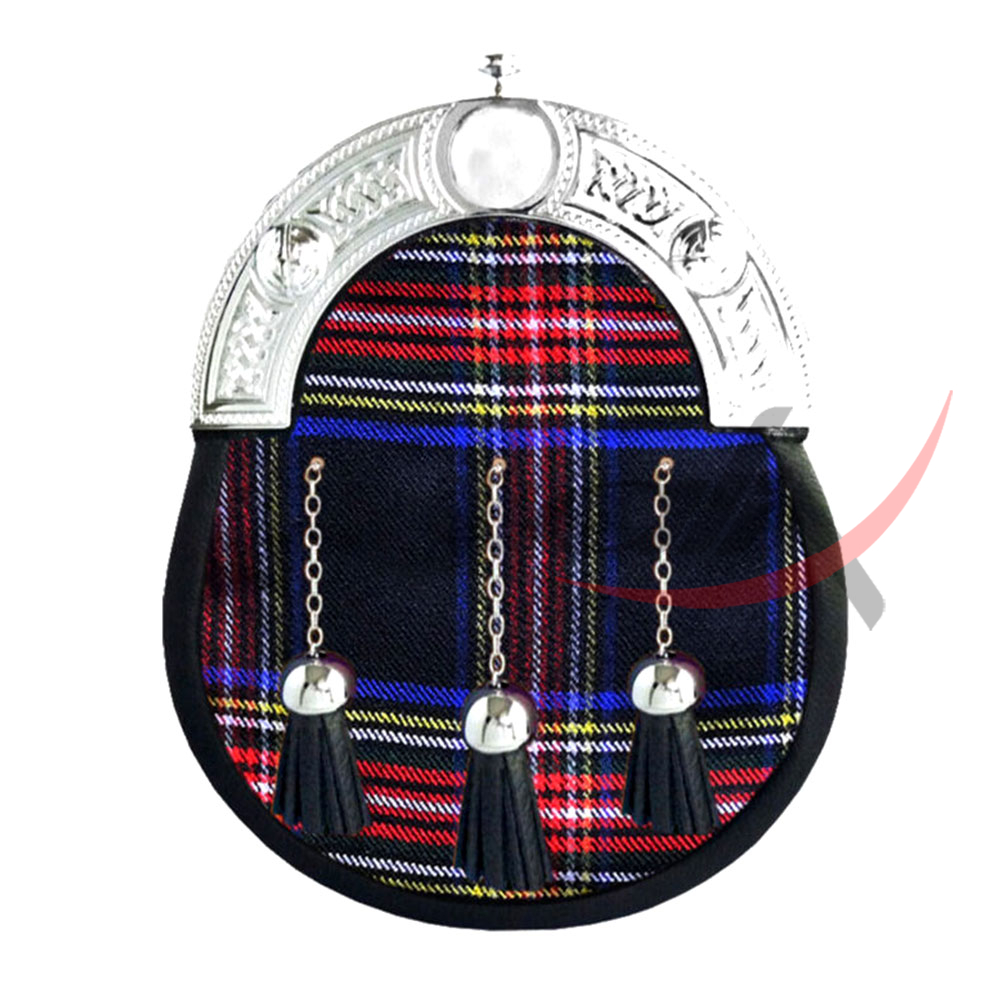 Black Stewart Tartan Full Dress Leather Sporrans