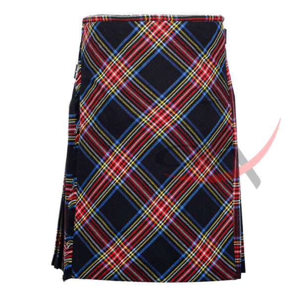 Black-Stewart-tartan-bespoke-kilt-front Bias Cut Black Stewart