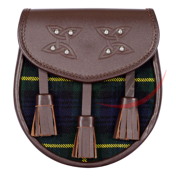 Gordon-tartan-brown-leather-sporran-front Scottish Sporran Gordon Tartan