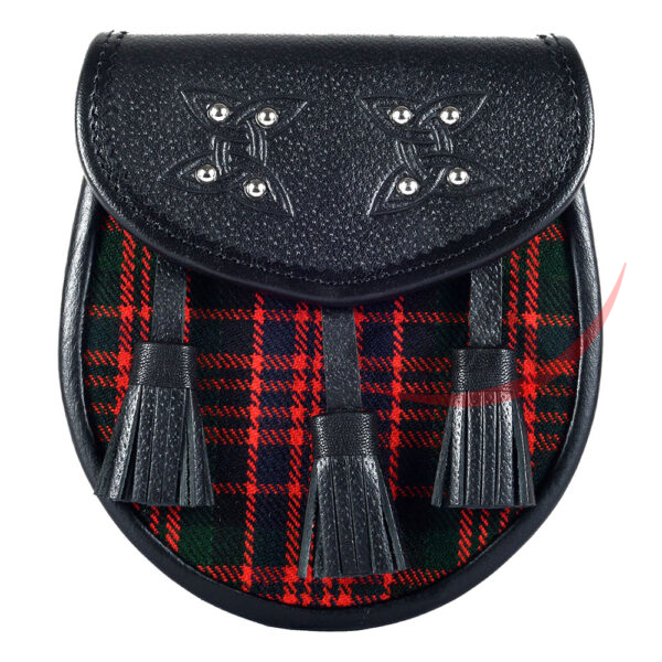MacDonald-tartan-black-leather-sporran-front- Scottish Sporran MacDonald Tartan
