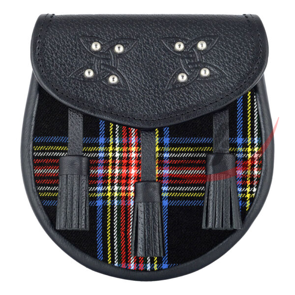 black-Stewart-tartan-black-leather-sporran Scottish Sporran Black Stewart