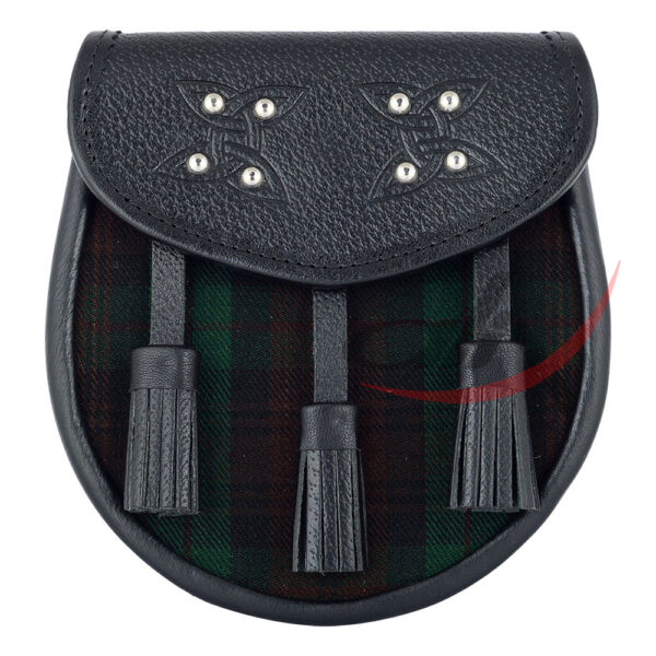 brown-watch-tartan-black-leather-sporran-front Scottish Sporran Brown Watch